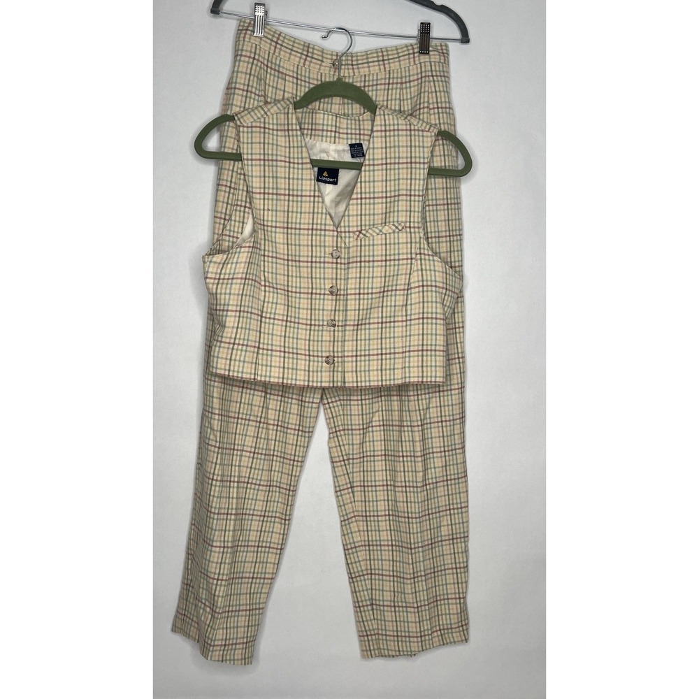 Vtg 70s 80s Liz Sport Plaid Womens Vest Pant Suit Set 12 Small Gaucho Cream Pink